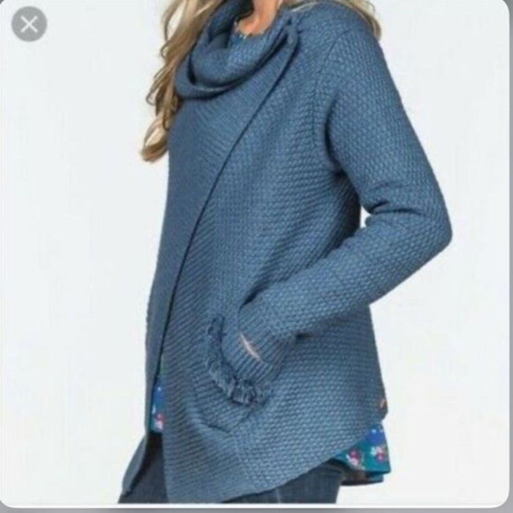 Matilda Jane chunky knit heavyweight cardigan Blue Small Cowl Neck Cross front
